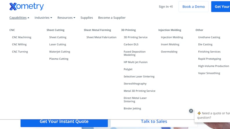 A picture of Xometry's updated capabilities page