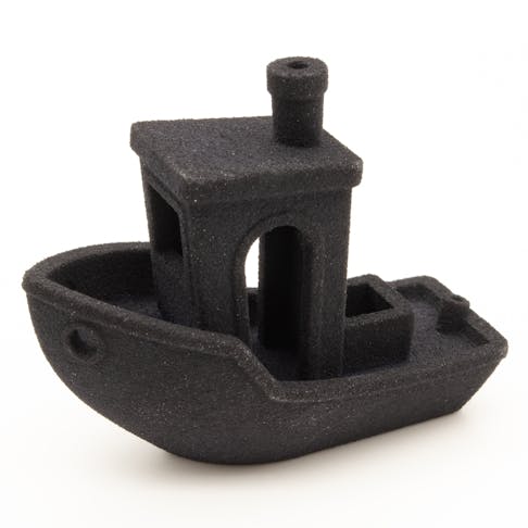 3D benchy printed in TPU 88A with a dyed-black finish.