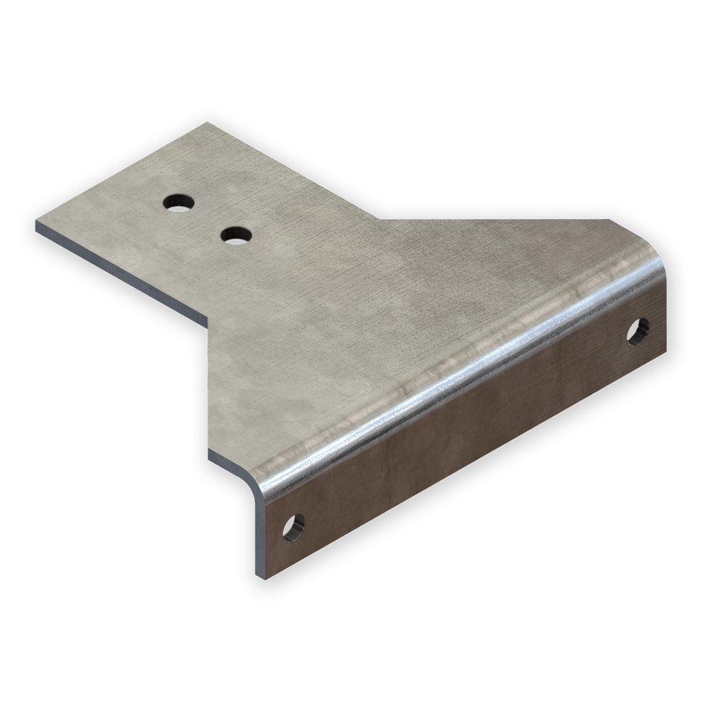 Bent sheet metal bracket made of galvanized steel.